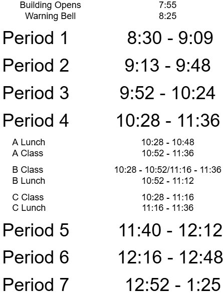 Screen shot of bell schedule